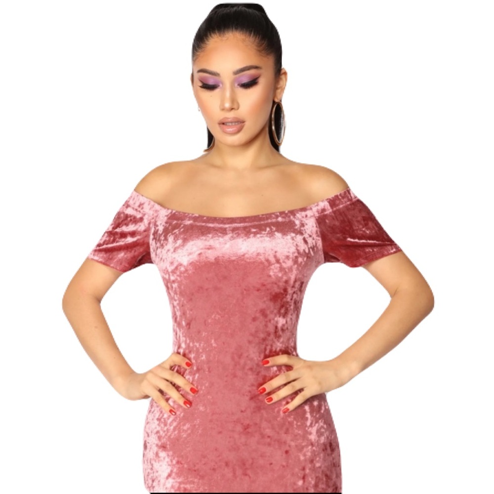 Active USA Crushed Velvet Off The Shoulder Stretchy Bodycon Pink Mini Dress